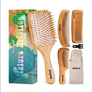 BeKind Nature Bristles 4 pcs Wooden Hair Brush Paddle Detangling and Hair Comb